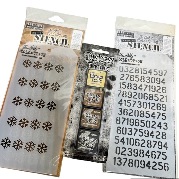 Tim Holtz Stencils Snowflakes Digits Distress Ink#3 6 Pc Lot Linen Photo Soot - Picture 1 of 9